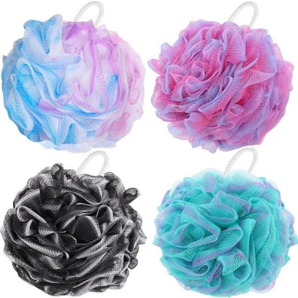 4 Pack Bath Shower Sponge 60g/pcs Bath Loofahs Shower Pouf Body Scrubber Ball Mesh Pouf Bath Sponge
