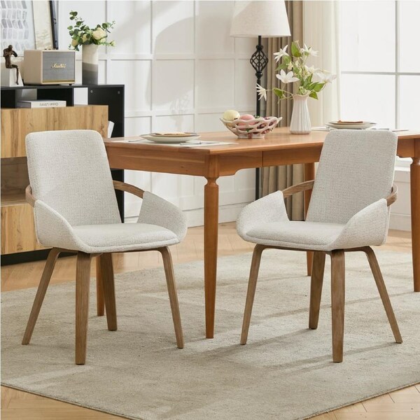 HOMFURN Upholstery Dining Chairs Set of 2, Mid Century Bentwood Kitchen Chairs with Arms, Beige