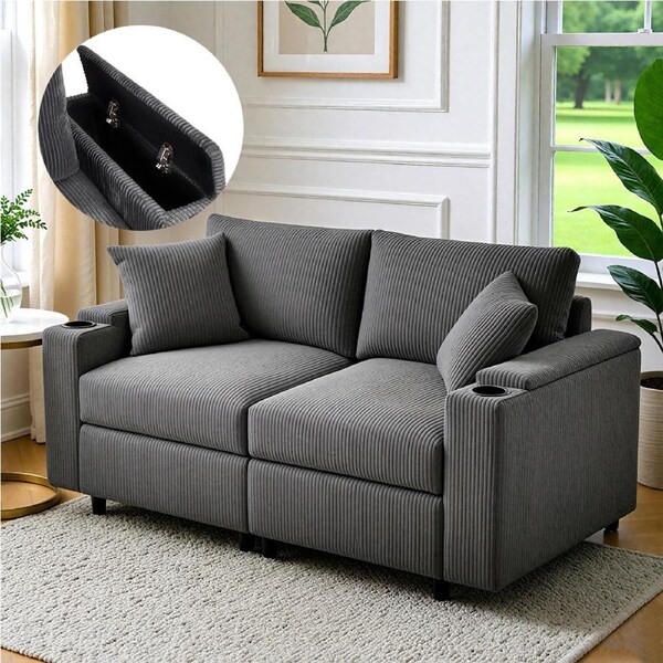 Advwin 182cm 2 Seater Sofa Corduroy Modular Lounge Couch w/ Storage Armrests & Cup Holder Grey