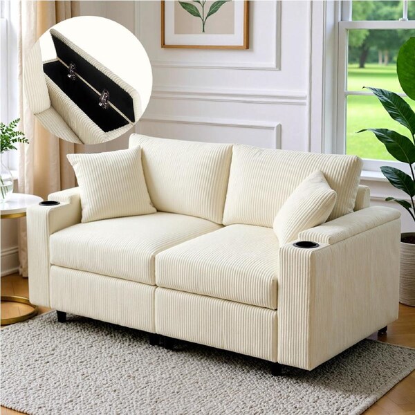 Advwin 182cm 2 Seater Sofa Corduroy Modular Lounge Couch w/ Storage Armrests & Cup Holder Beige