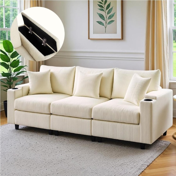 Advwin 256cm 3 Seater Sofa Corduroy Modular Lounge Couch w/ Storage Armrests & Cup Holder Beige