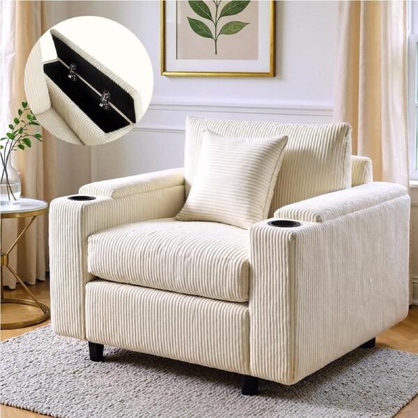 Advwin Single Sofa w/ Storage Armrests Corduroy Armchair w/ Cup Holder Modern Lounge Sofa Couch with Cushion Beige
