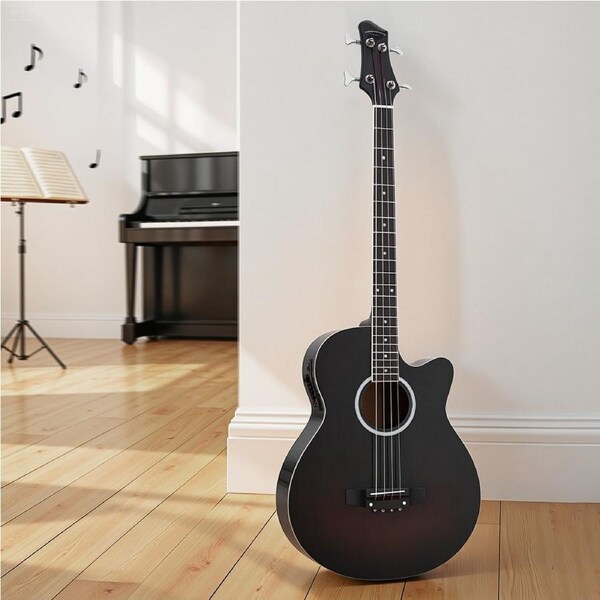 Alpha 43" Acoustic Bass Guitar Black Dreadnought 4-Band EQ