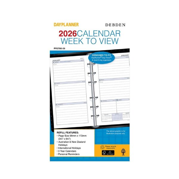 2026 Diary Refill Debden DayPlanner Personal Week to View Ruled PR2700