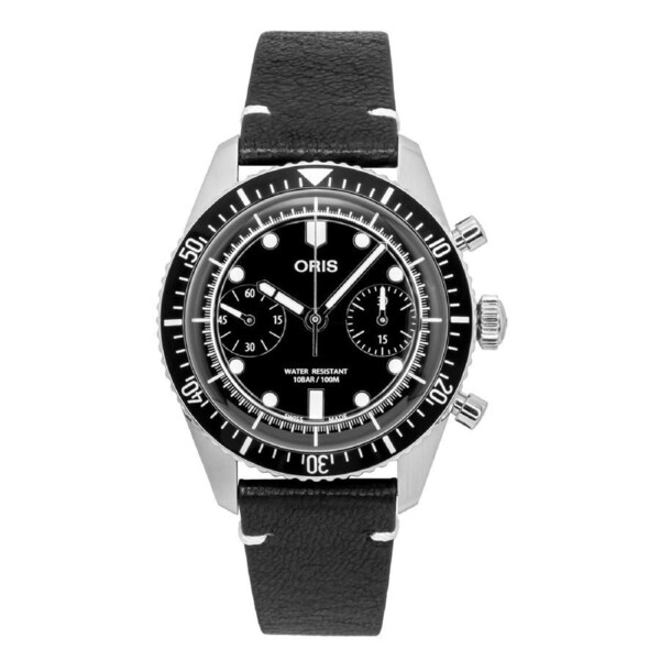 Oris Divers Sixty-Five Chronograph Stopwatch Swiss Made Automatic 01-771-7791-4054-07-6-20-01 Mens Watch Leather Strap Black Dial 100M