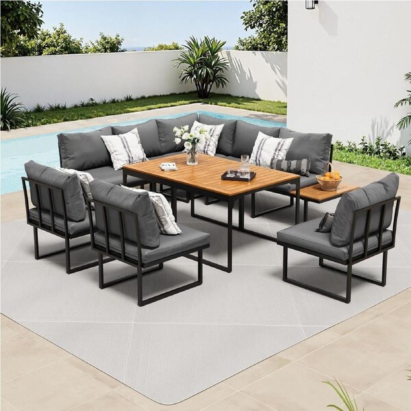Livsip 8 Seater Outdoor Dining Sofa Set Lounge Setting Patio Garden Furniture with Side Table Grey