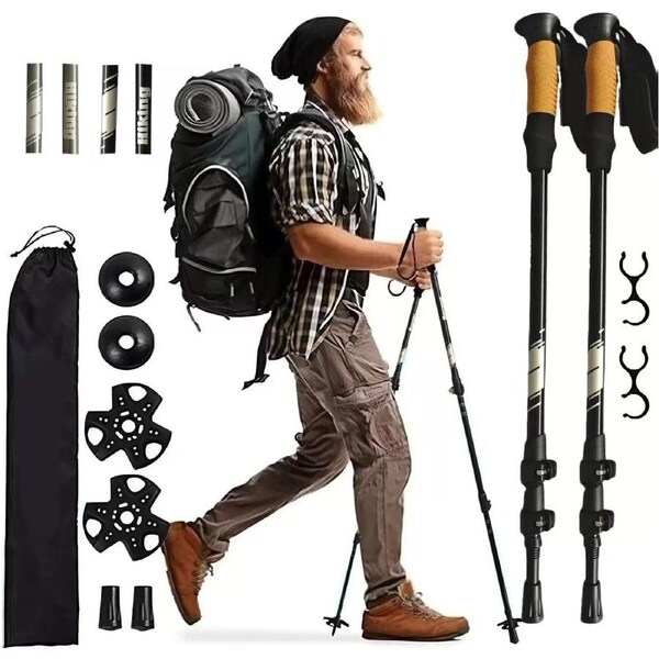 Trekking Poles - Lightweight, Collapsible Hiking Poles for Snowshoe & Backpacking Gear - Pair of 2 Walking Sticks for Hiking, 7075 Aluminum with Cork Grip,Black