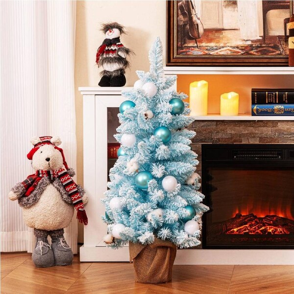 Costway Snow Flocked Xmas Tree w/Natural Cotton Balls 90cm Mini Tabletop Christmas Tree
