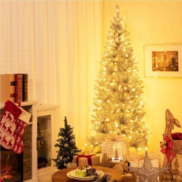 Costway 1.8M Silver Tinsel Leaves Christmas Tree Slim Xmas Tree Folding Metal Stand