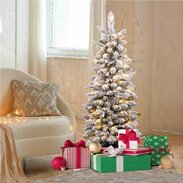 Costway 8 Mode Christmas Snowy Pencil Tree PE Potted Spruce Tree Xmas Decoration