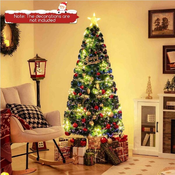 Costway 1.8m Pre-lit PVC Christmas Tree w/Star Lights Xmas Decoration Traditional Tree Holiday Party Gift Green