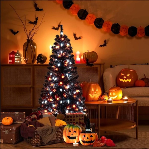 Costway 1.35M Christmas Tree Pre-lit Spooky Tree w/65 Ghost Lights 6 Modes & Music Xmas Decor
