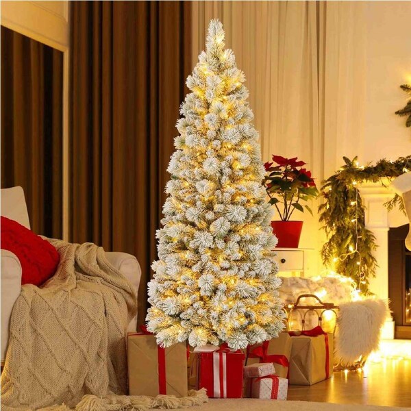 Costway 1.8M 170 LEDs Pine Needle Flocked Christmas Tree Xmas Decor Green