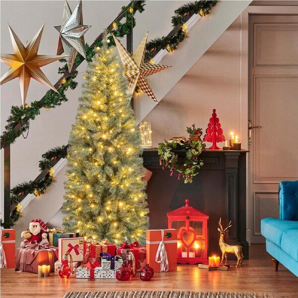 Costway 1.95M 9 Modes Pre-Lit Christmas Tree Blue Leaves Holiday Artificial Slim Xmas Decor w/556 Branch Tips