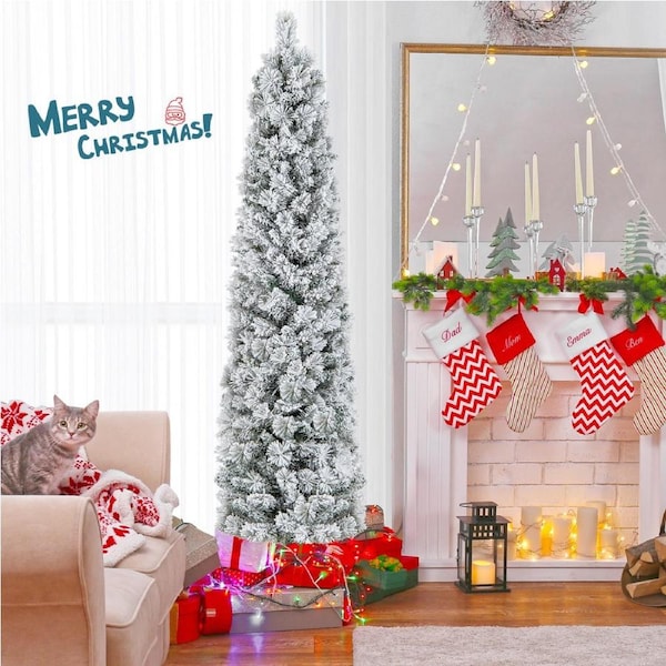 Costway 1.86M Pine Needle Christmas Tree Slim Flocked Xmas Tree w/373 Tips LED Lights Artificial Party Decoration