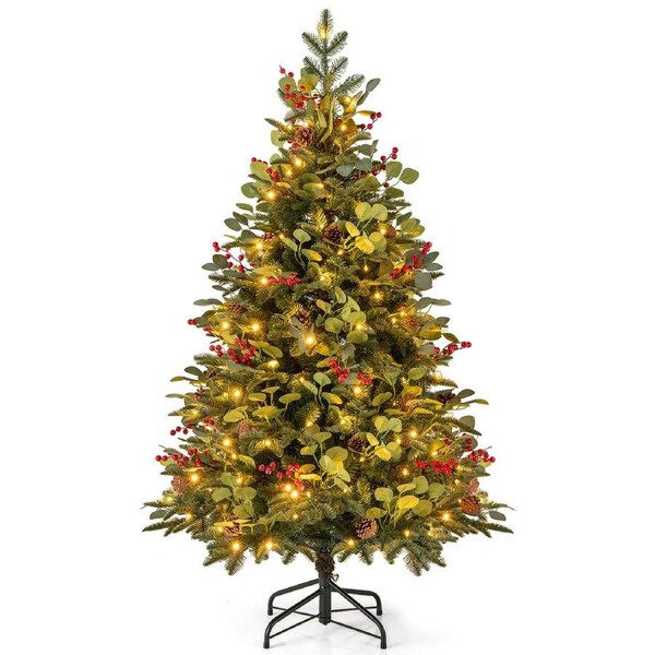 Costway Highland Slim PVC Christmas Tree w/LED Lights & Eucalyptus Leaves Xmas Decor Gift