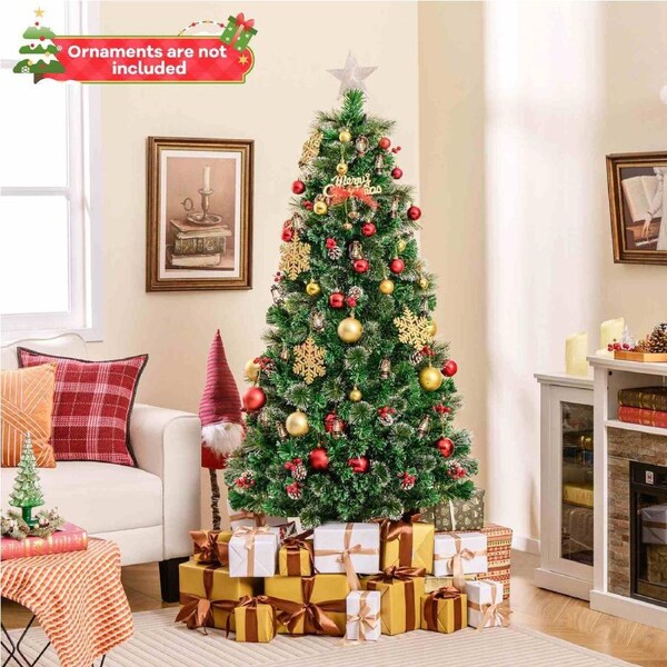 Costway Pine Needle Christmas Tree w/Optic Fibre & Kerosene Lamps 8 Lighting Modes Xmas Decoration