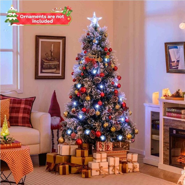 Costway Pre-Lit Snow Flocked Christmas Tree w/Optic Fibre & 8 Light Modes Xmas Fairy Decoration