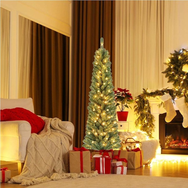 Costway 1.5M Pre-Lit Slim Christmas Tree LEDs Xmas Pencil Tree Party Decoration Gift