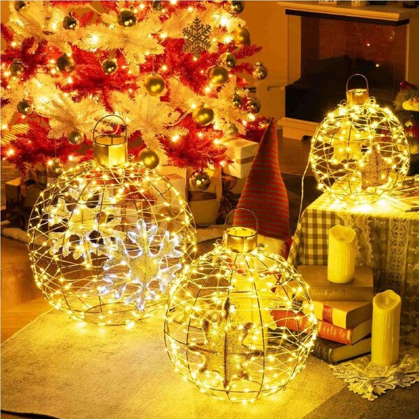 Costway 3x LED Lighted Lantern Balls Hanging Fairy Lights Christmas Indoor Metal Frame Xmas Party Decoration