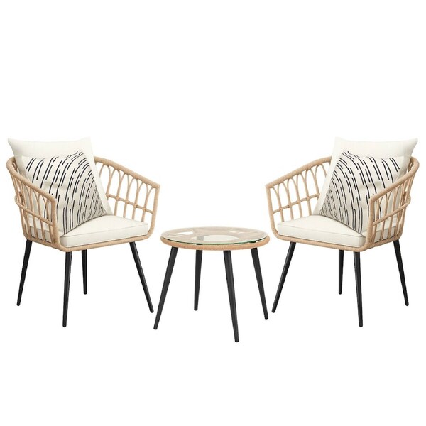 Outdoor Table and Chairs 3 Piece Wicker Side Glass Coffee Dining Set Garden Patio Lounge Setting Bistro Rattan Furniture Cushions Balcony Conversation