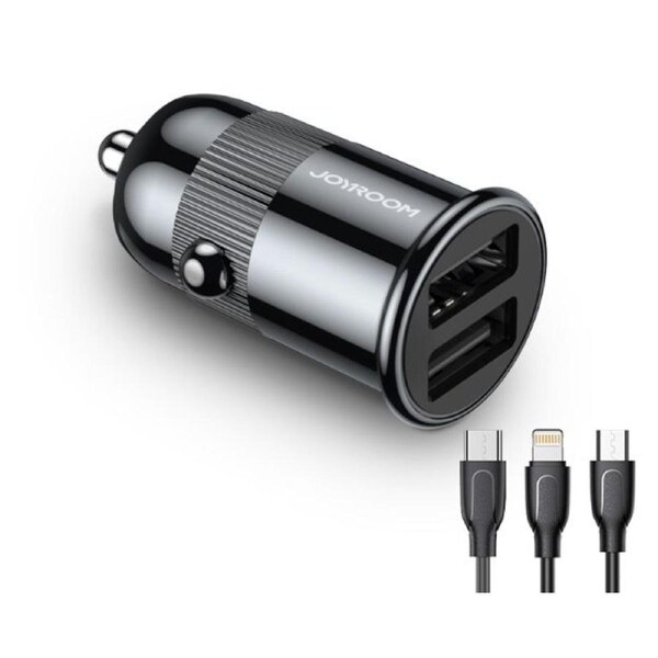 Joyroom 3.1A Dual USB Mobile Phone Fast Charging with Type-C Cable Car Charger - Black