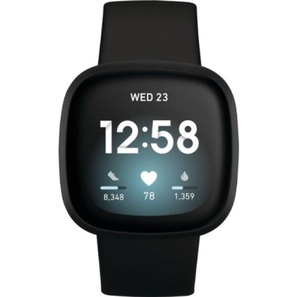 Fitbit Versa 3 Health and Fitness Smartwatch - Black-Aluminum-Classic Wristband-Black - 40mm - Black - Aluminum - Black - Classic Wristband - Large Size - Elastomer - Refurbished (Good Condition)