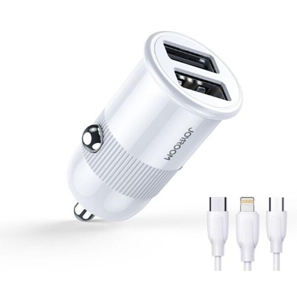 Joyroom 3.1A Dual USB Mobile Phone Fast Charging with Type-C Cable Car Charger - White
