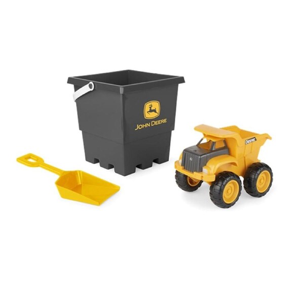 John Deere 15cm Sand Pit Bucket Set: Yellow Dump Truck w/Black Square Bucket & Yellow Shovel