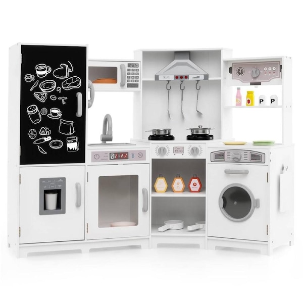 Babyjoy Corner Wooden Play Kitchen Toy Kitchen Playset w/Range Hood & Cooking Accessories Boys Girls Gift White
