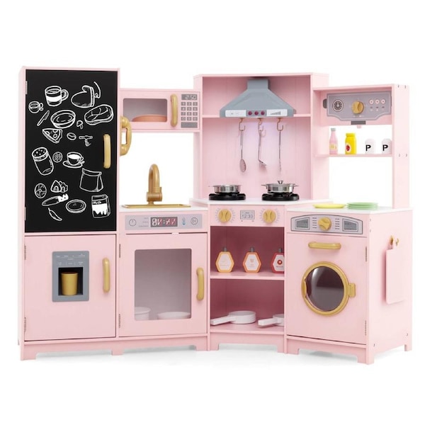 Babyjoy Corner Wooden Play Kitchen Toy Kitchen Playset w/Range Hood & Cooking Accessories Boys Girls Gift Pink