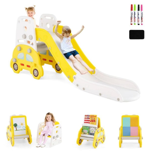 Babyjoy 5 in 1 Convertible Toddler Slide Set Kids Art Easel w/Double-Sided Magnetic Dry Erase & Building Block Board Yellow