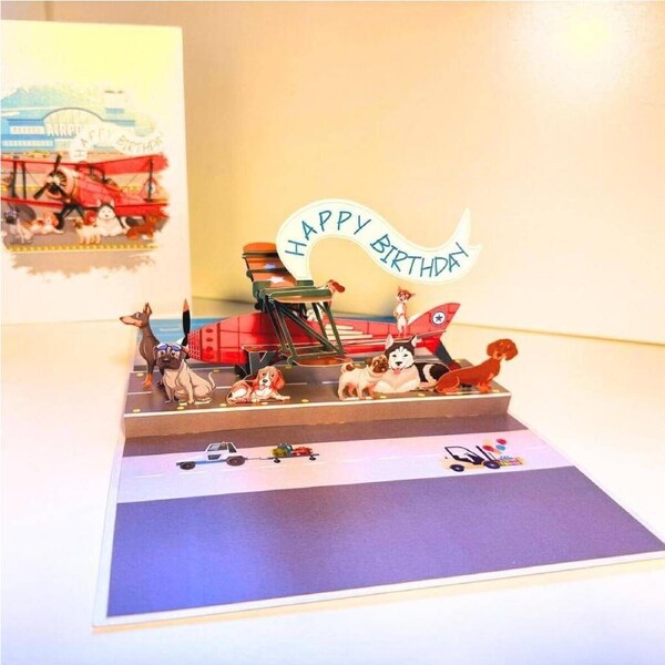 Happy Birthday Antique Aircraft & Dogs Pop Card