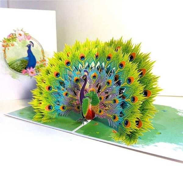 Royal Blue Peacock on Green Grass 3D Pop Up Card