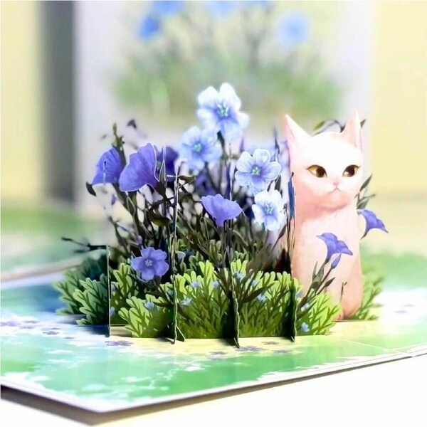 Wild Blue Flax Flower Garden w/ a White Cat Pop Card
