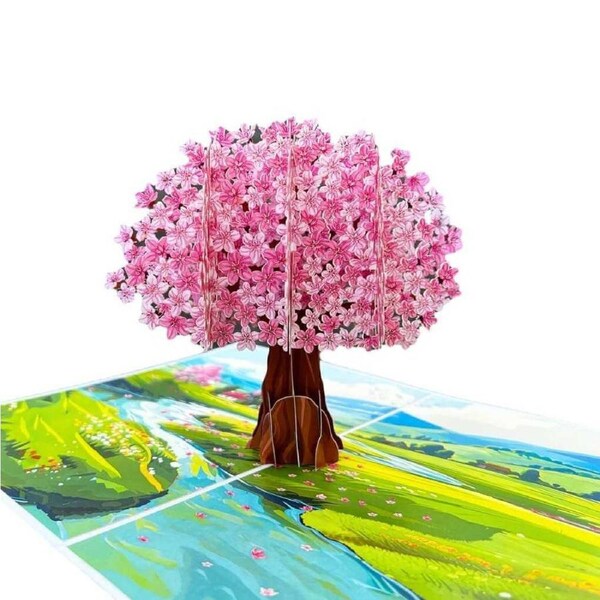 Plum Pink Cherry Blossom Tree on Green Fields Pop Card