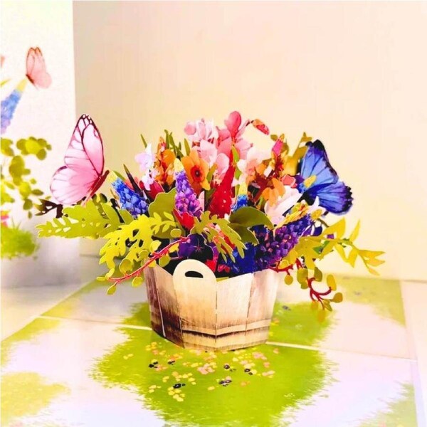 Spring Flowers in Bucket & Butterflies Pop Card