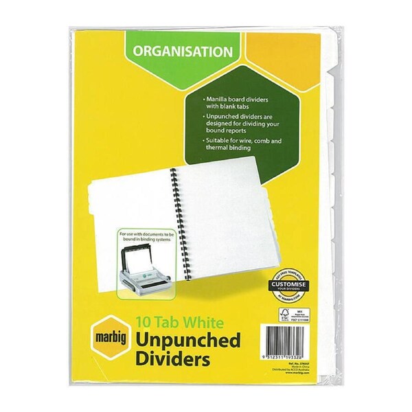 Marbig Indices & Divider 10 Tab Manil A4 Unpunched