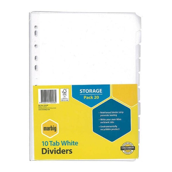 Marbig Indices & Divider 10 Tab Manil A4 Wht Pk20