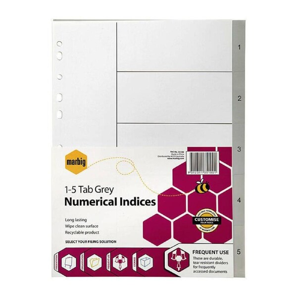 Marbig Indices & Dividers 1-5 Tab Pp A4 Grey