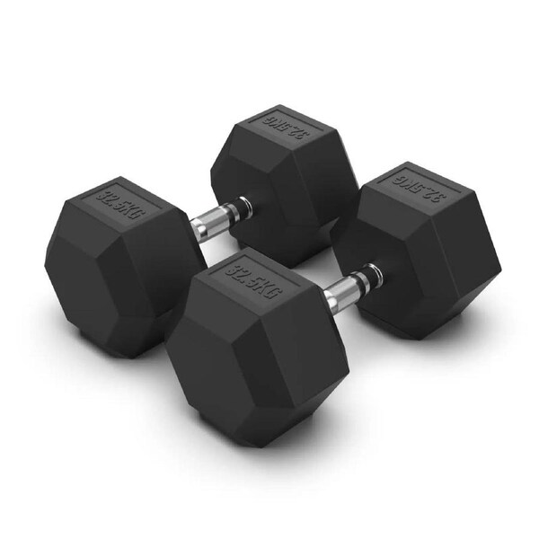 2 x 32.5kg Hex Rubber Coat Iron Dumbell Home Gym Strength Weight