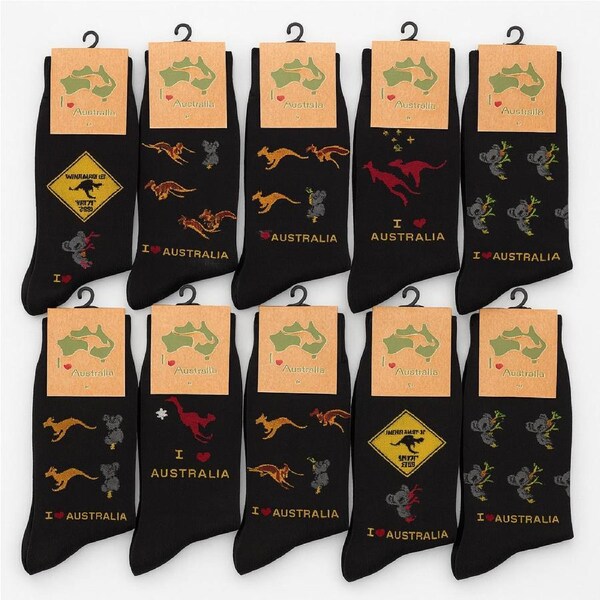 12 Pairs Australian Souvenir Cotton Socks Kangaroo/Koala/Flag (Size 6-11) in Assorted Patterns