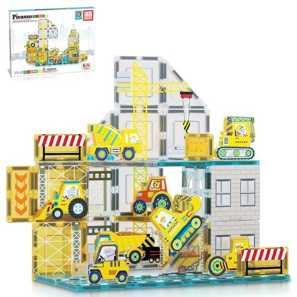 PicassoTiles Magnetic Tile Construction Adventure Building Set 45 Pieces
