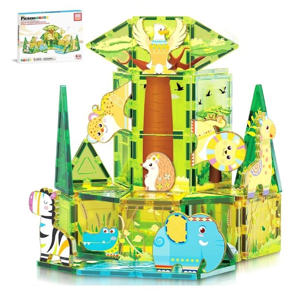 PicassoTiles Magnetic Tile Safari Animals Building Set 46 Pieces