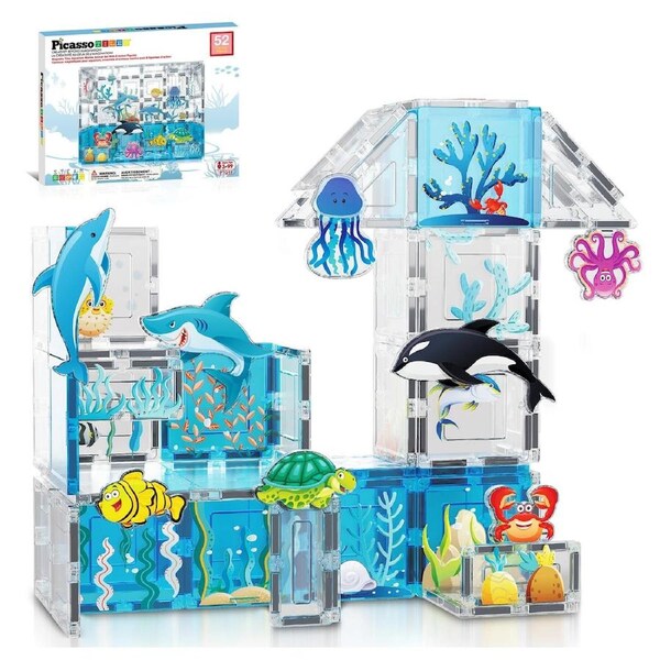 PicassoTiles Magnetic Tile Aquarium Marine World Building Set 52 Pieces
