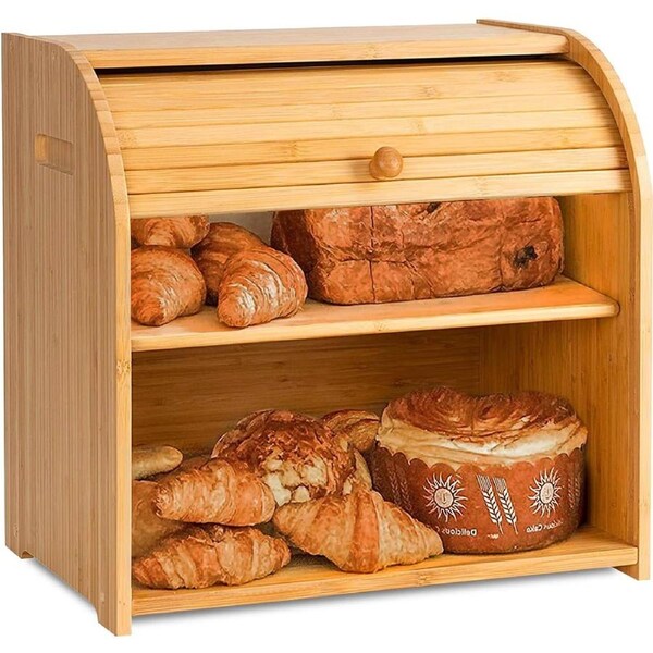 Large Bamboo Bread Box Storage Organizer with Roll Top for Kitchen Counter