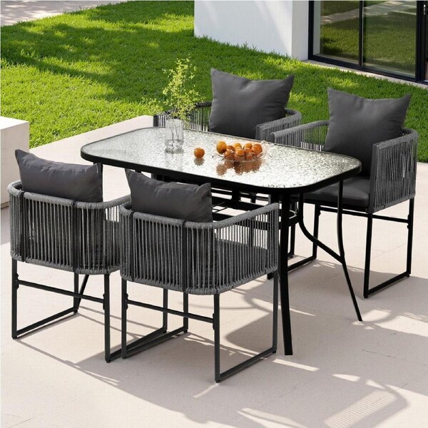 Gardeon 5PCS Outdoor Dining Set Table and Chairs Rope Patio Furniture Garden Bistro Set Black