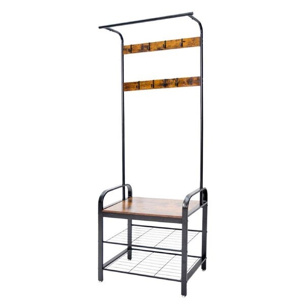 4-In-1 Coat Rack Large Capacity Freestanding Hall Tree 183 High Entryway Bench with 8 Detachable Hooks Hanging Rod and 2-Tier Shoe Storage Rustic Brown