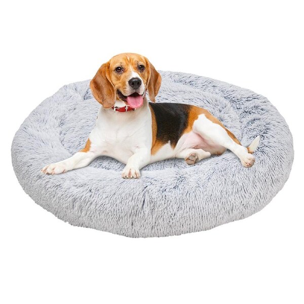 Round Plush Donut Pet Bed Soft Warm Calming Bed Removable and Washable Fluffy Cushion Sleeping Kennel for Dogs and Cats 90cm in Diameter Light Grey