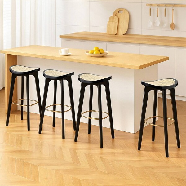 4x Artiss Bar Stools Rattan Counter Kitchen Dinning Chair Bamboo Saddle Black